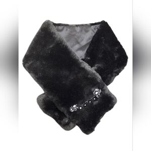 Elegant Black Faux Fur Scarf 28"×4.5" With Rhinestone Brouche